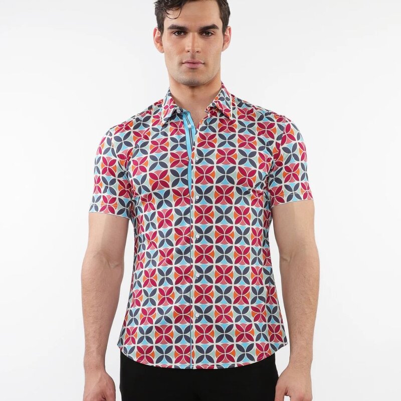 Postmarc CAP25 76093 Printed Performance Short Sleeves Stretch Shirt Forest / Wine Circles