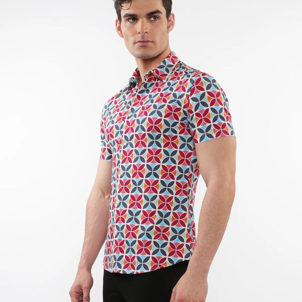 Postmarc CAP25 76093 Printed Performance Short Sleeves Stretch Shirt Forest / Wine Circles