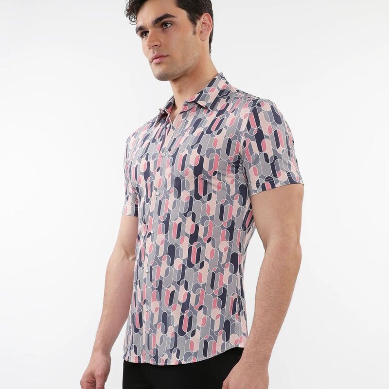 Postmarc CAP25 76094 Printed Performance Short Sleeves Stretch Shirt Blush / Grey Swirls