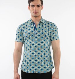 Postmarc CAP25 76095 Printed Performance Short Sleeves Stretch Shirt  Aqua / Navy Diamonds