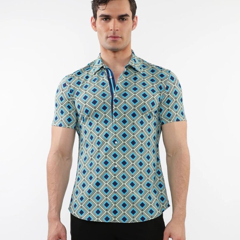 Postmarc CAP25 76095 Printed Performance Short Sleeves Stretch Shirt  Aqua / Navy Diamonds