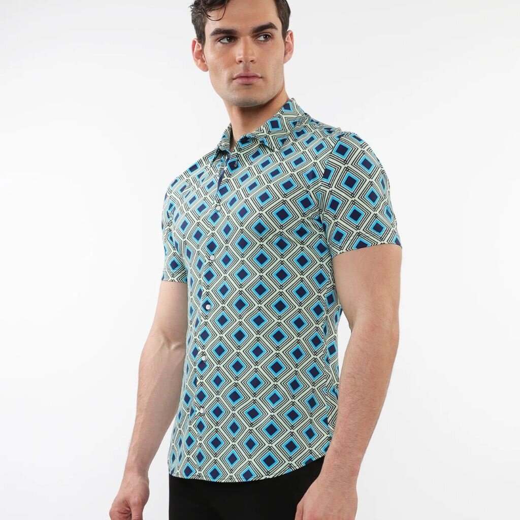 Postmarc CAP25 76095 Printed Performance Short Sleeves Stretch Shirt  Aqua / Navy Diamonds
