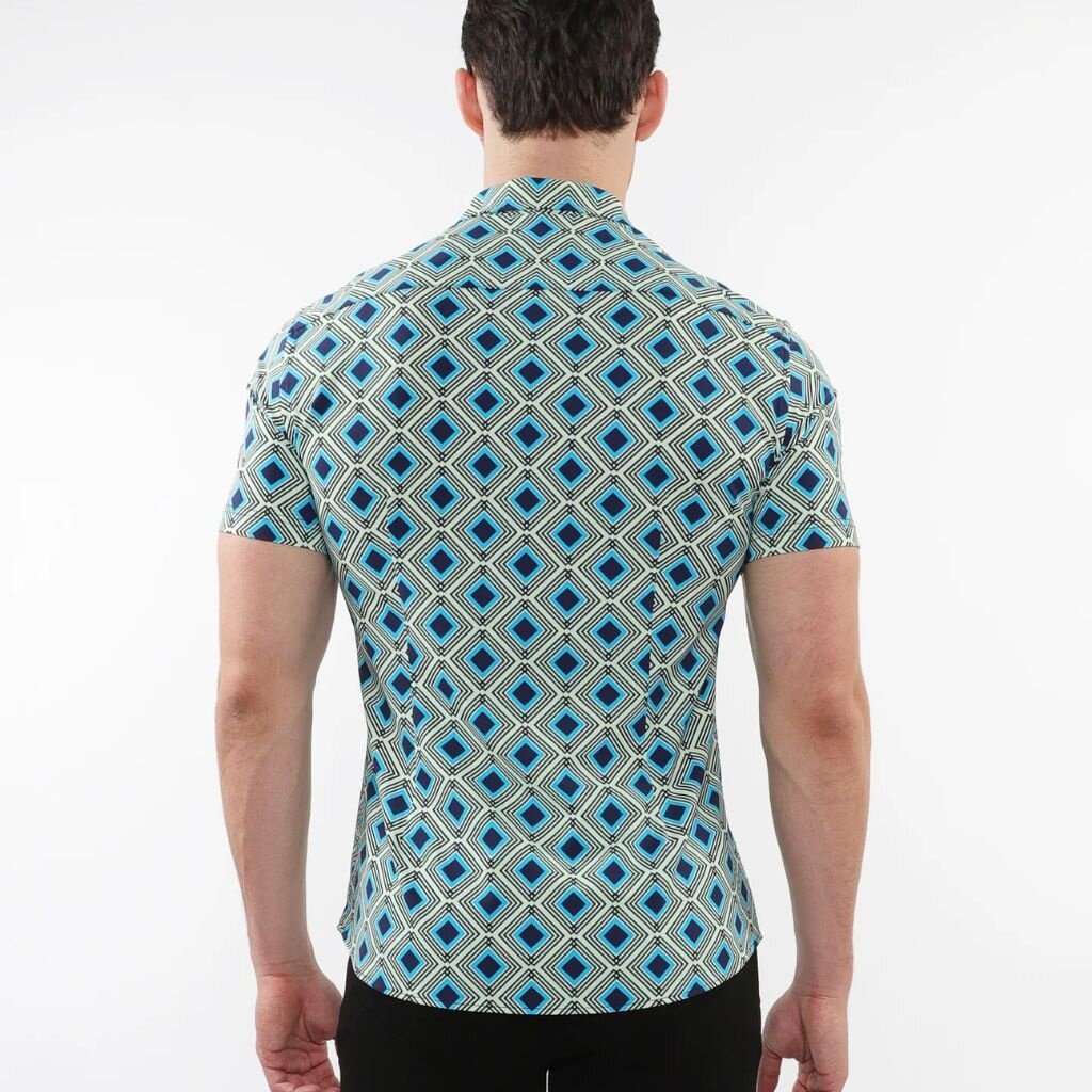 Postmarc CAP25 76095 Printed Performance Short Sleeves Stretch Shirt  Aqua / Navy Diamonds