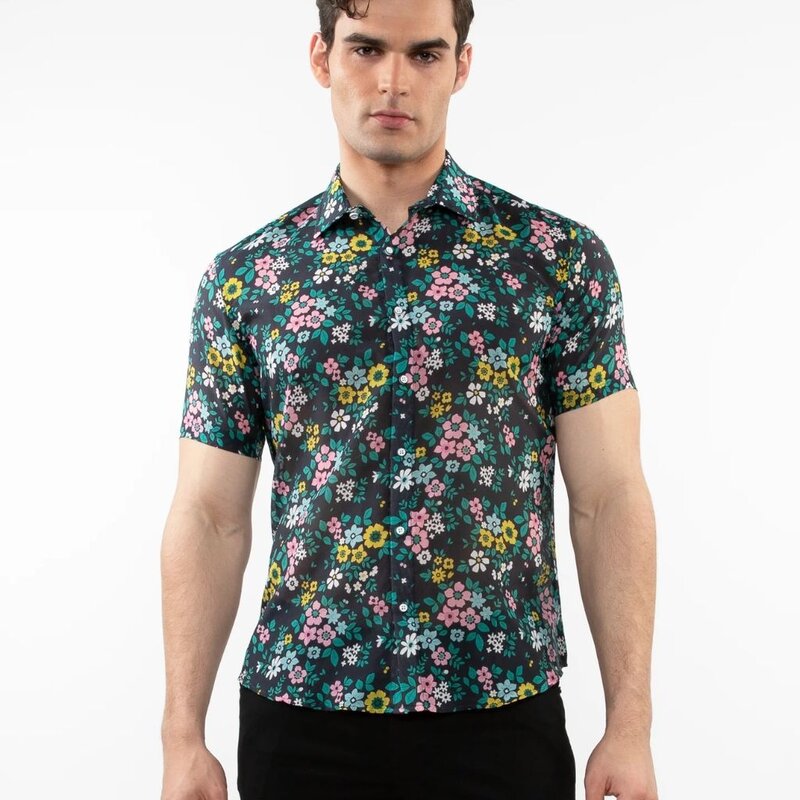 Postmarc CAP25 46039 Printed Cotton Silk Short Sleeves Woven Shirt Navy / Teal Floral