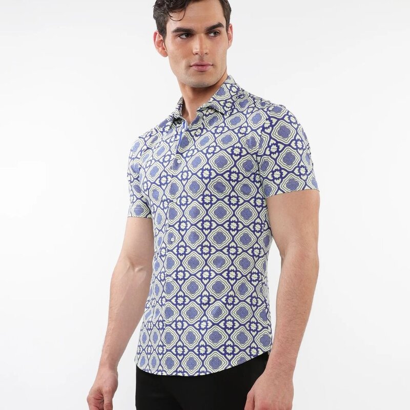 Postmarc CAP25 76097 Printed Performance Short Sleeves Stretch Shirt Blue / Cream Tiles