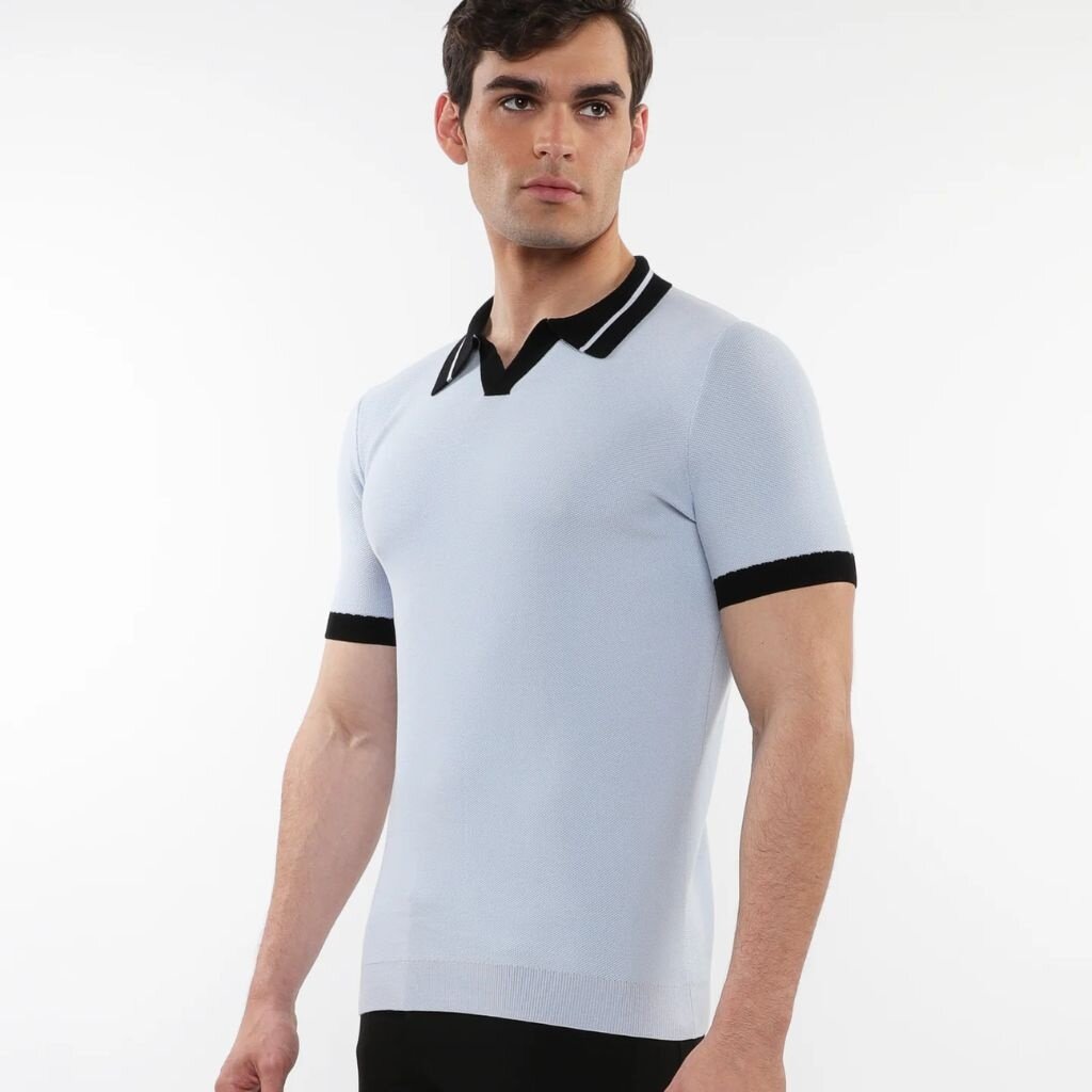 Postmarc CAP25 16315 Silk Tencel Open Collar Textured Knit Polo W / Contrast Ribbing