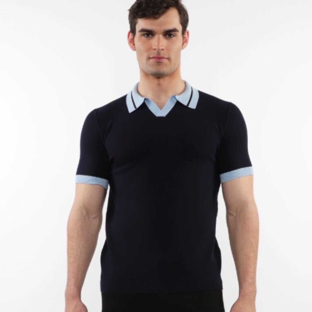 Postmarc CAP25 16315 Silk Tencel Open Collar Textured Knit Polo W / Contrast Ribbing