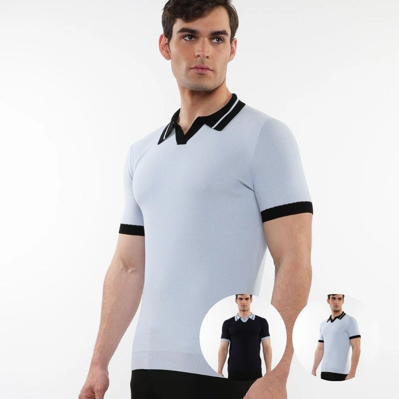 Postmarc CAP25 16315 Silk Tencel Open Collar Textured Knit Polo W / Contrast Ribbing