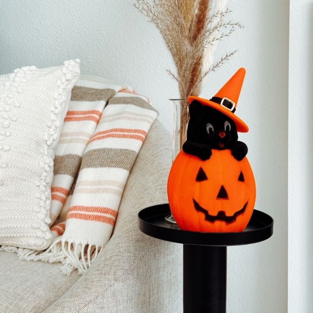 HLWN25 10in Flocked Cat in Pumpkin - Peepa's