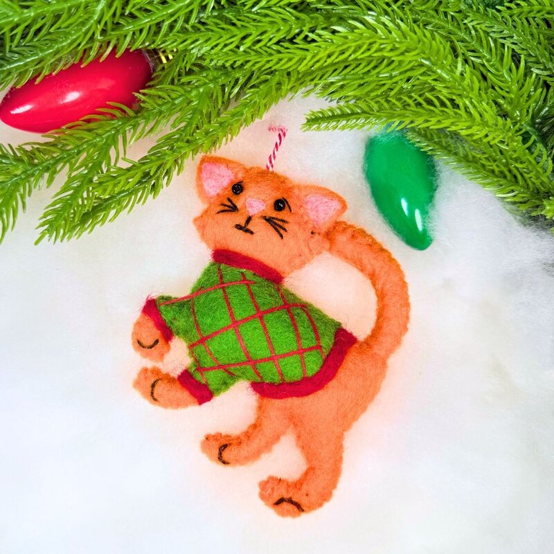 Ornaments 4 Orphans Orange Cat in Sweater Felt Wool Christmas Ornament