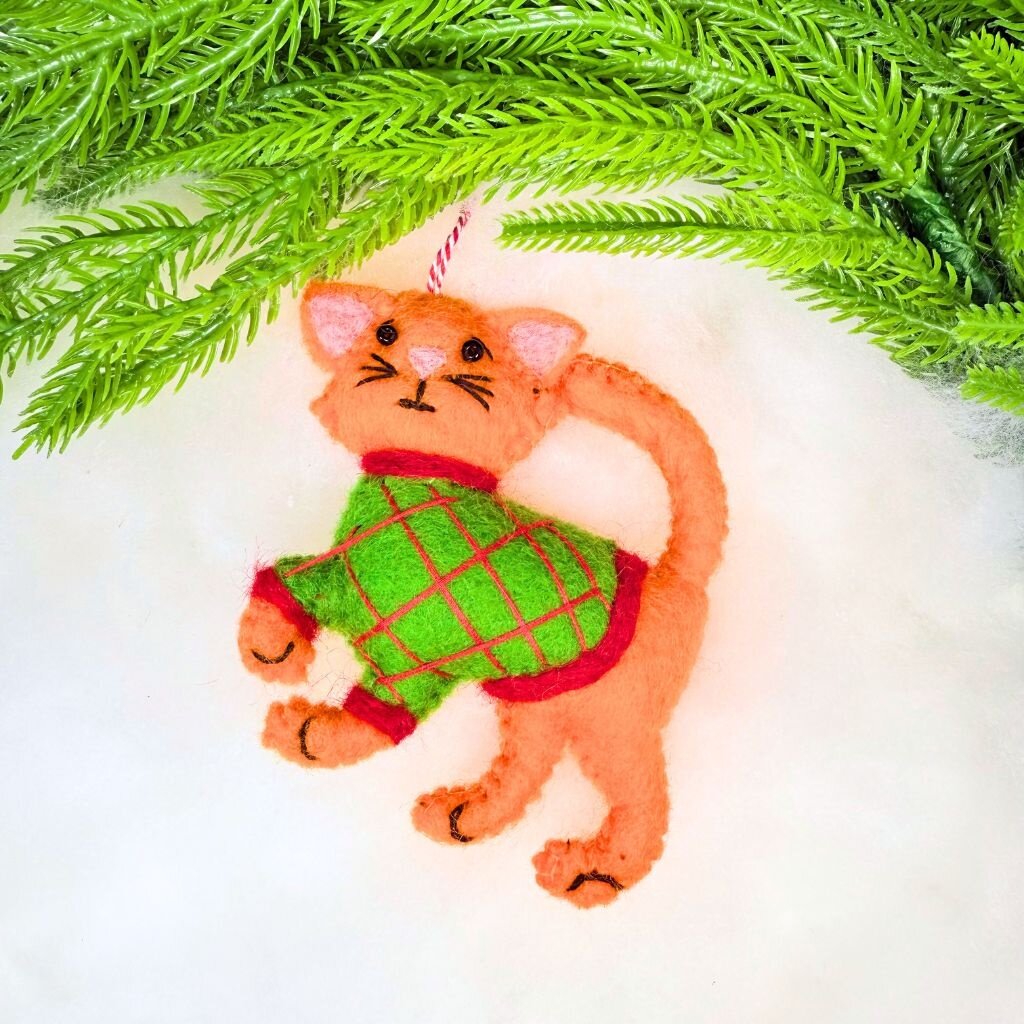 Ornaments 4 Orphans Orange Cat in Sweater Felt Wool Christmas Ornament