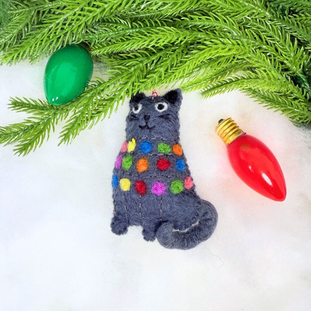 Ornaments 4 Orphans Cat Tangled in Christmas Lights Felt Wool Ornament