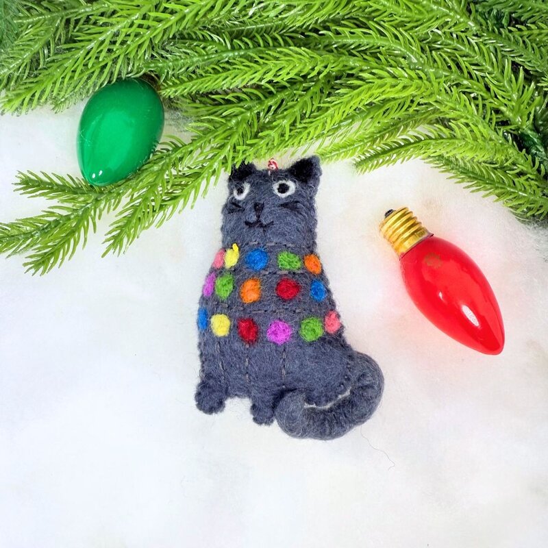Ornaments 4 Orphans Cat Tangled in Christmas Lights Felt Wool Ornament