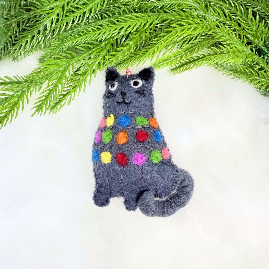Ornaments 4 Orphans Cat Tangled in Christmas Lights Felt Wool Ornament