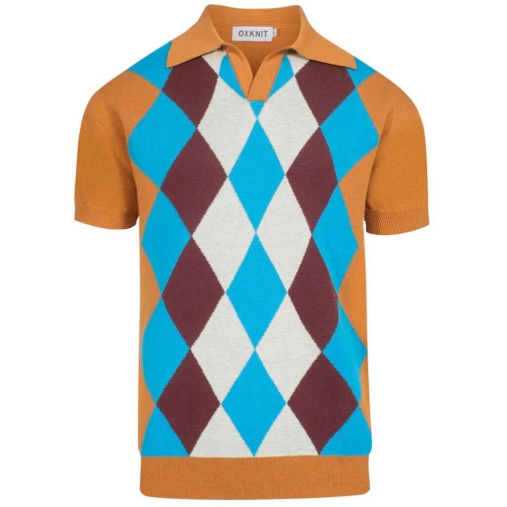 OxKnit SP25 Vintage Argyle Knit Polo Mustard Blue Diamond