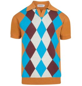 OxKnit SP25 Vintage Argyle Knit Polo Mustard Blue Diamond