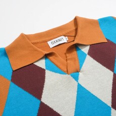 OxKnit SP25 Vintage Argyle Knit Polo Mustard Blue Diamond