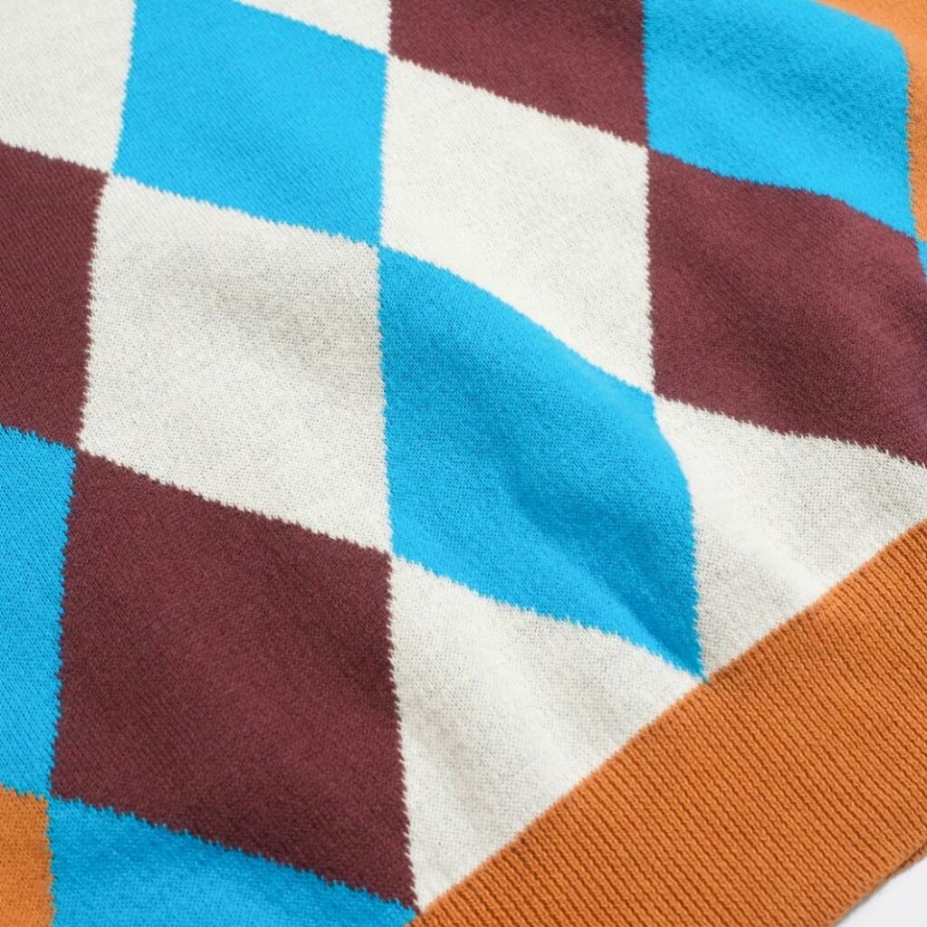 OxKnit SP25 Vintage Argyle Knit Polo Mustard Blue Diamond