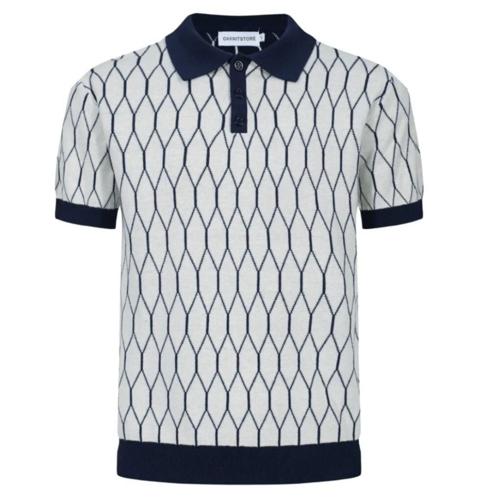 OxKnit FL25 Mens 60s Mod Geometric Knit Polo Shirt