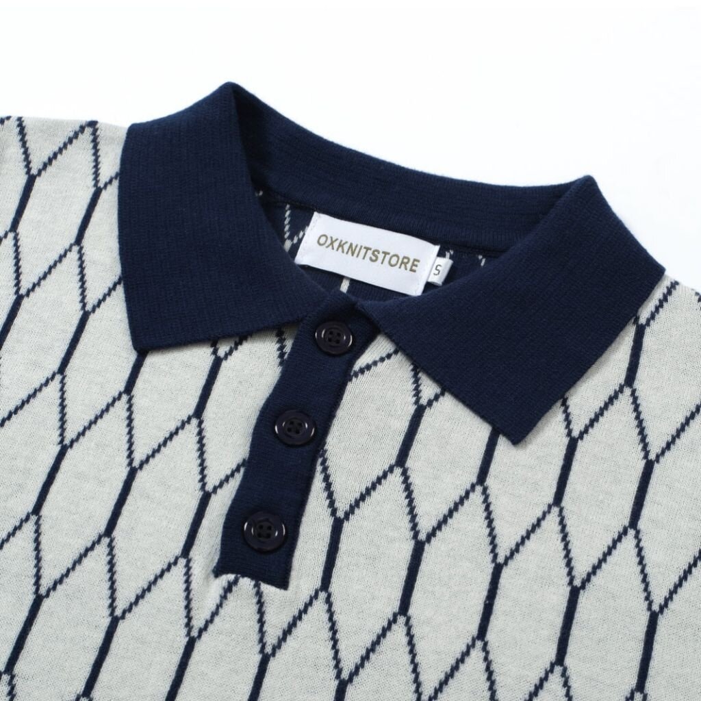 OxKnit FL25 Mens 60s Mod Geometric Knit Polo Shirt