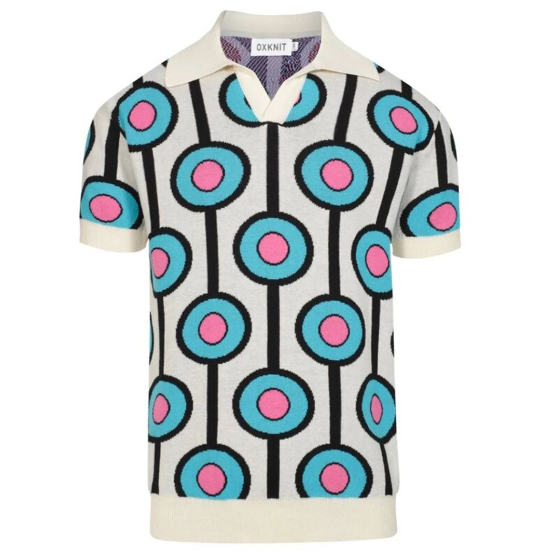 OxKnit FL25 Sky Blue Vintage Jacquard Knit V neck Polo