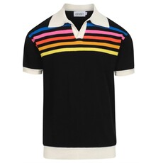 OxKnit FL25 Black Striped Vintage V neck Knitted Polo