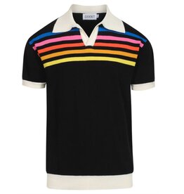 OxKnit FL25 Black Striped Vintage V neck Knitted Polo