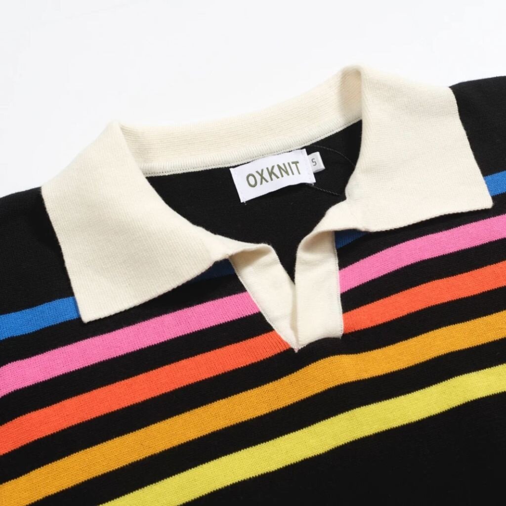 OxKnit FL25 Black Striped Vintage V neck Knitted Polo