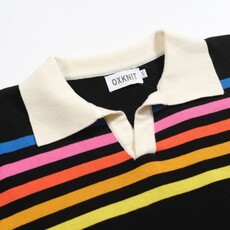 OxKnit FL25 Black Striped Vintage V neck Knitted Polo