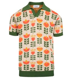 OxKnit FL25 Green Jacquard V neck Polo Shirt by Carrie Cantwell