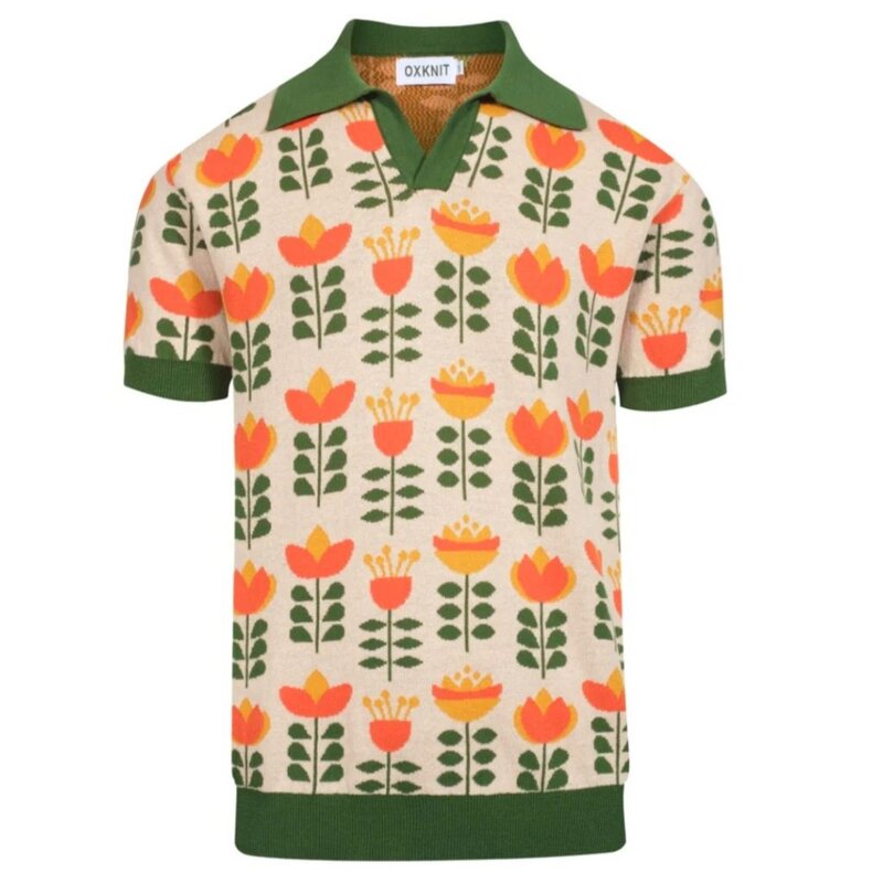 OxKnit FL25 Green Jacquard V neck Polo Shirt by Carrie Cantwell