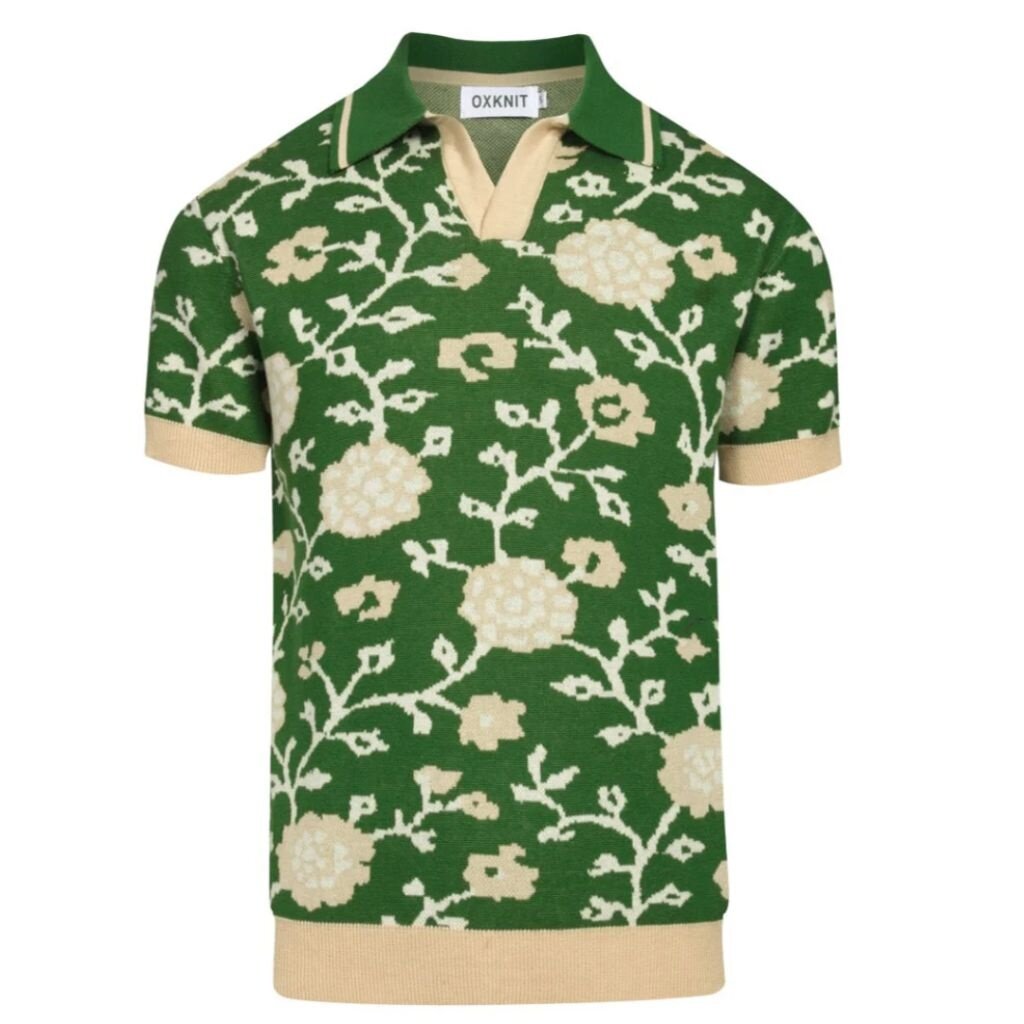 OxKnit FL25 Green Floral Jacquard V neck Knitted Polo
