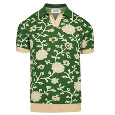OxKnit FL25 Green Floral Jacquard V neck Knitted Polo