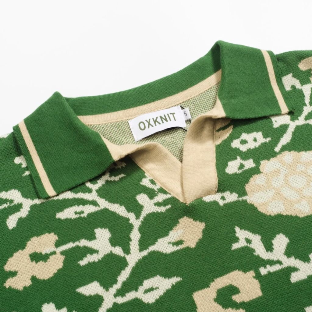 OxKnit FL25 Green Floral Jacquard V neck Knitted Polo
