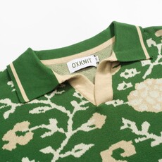 OxKnit FL25 Green Floral Jacquard V neck Knitted Polo