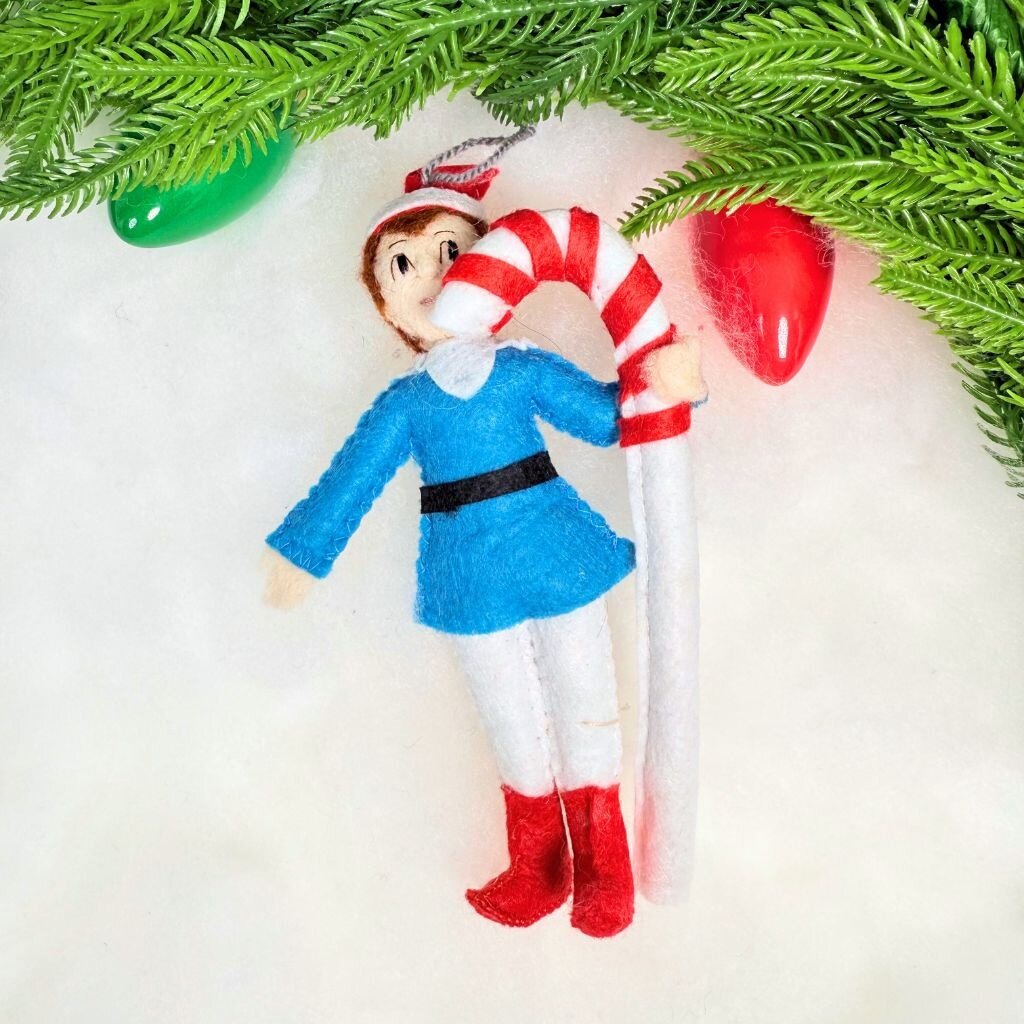 Silk Road Bizaar Elf Candy Cane Ornament, Felt