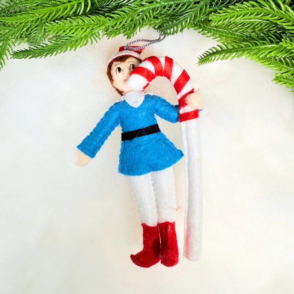 Silk Road Bizaar Elf Candy Cane Ornament, Felt
