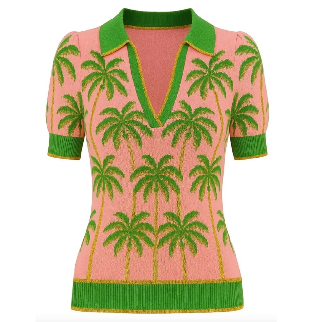 OxKnit FL25 Green Coconut Jacquard V Neck Polo