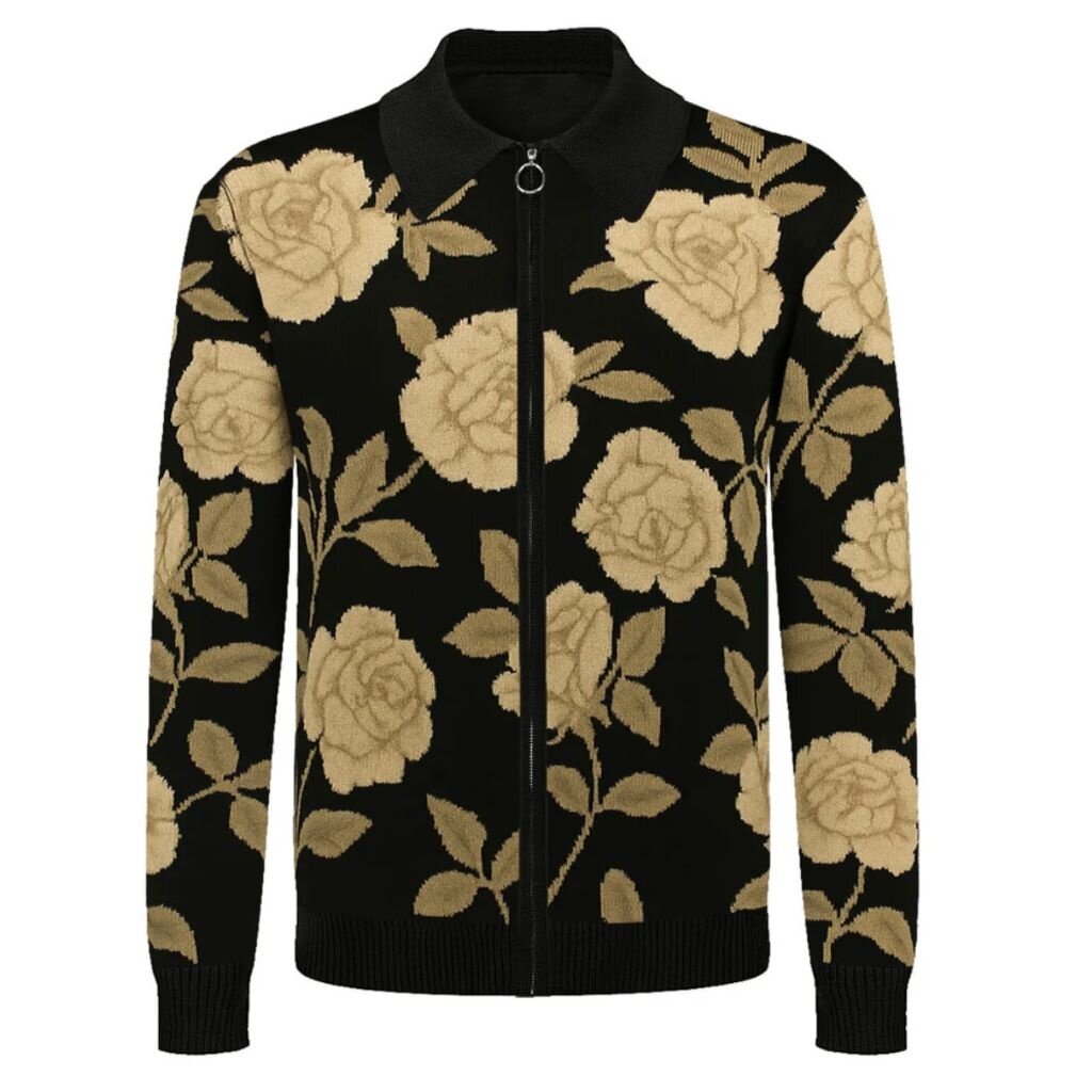 OxKnit FL25 Black Vintage Jacquard Knit Zipper Cardigan