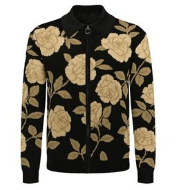 OxKnit FL25 Black Vintage Jacquard Knit Zipper Cardigan