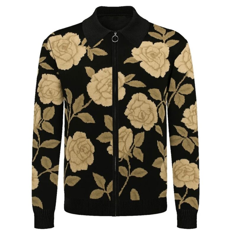 OxKnit FL25 Black Vintage Jacquard Knit Zipper Cardigan