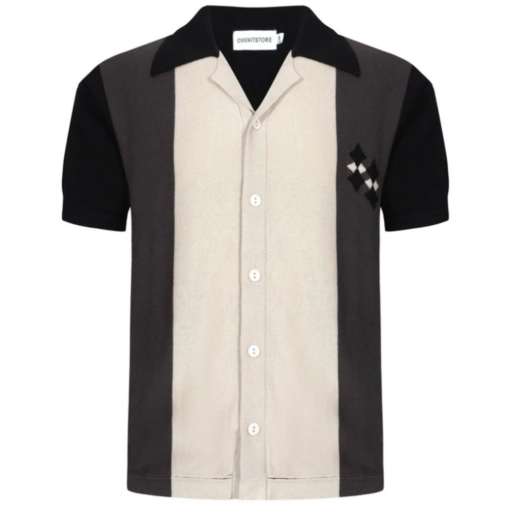 OxKnit FL25 60s Mod Black And Gray Knit Button Shirt