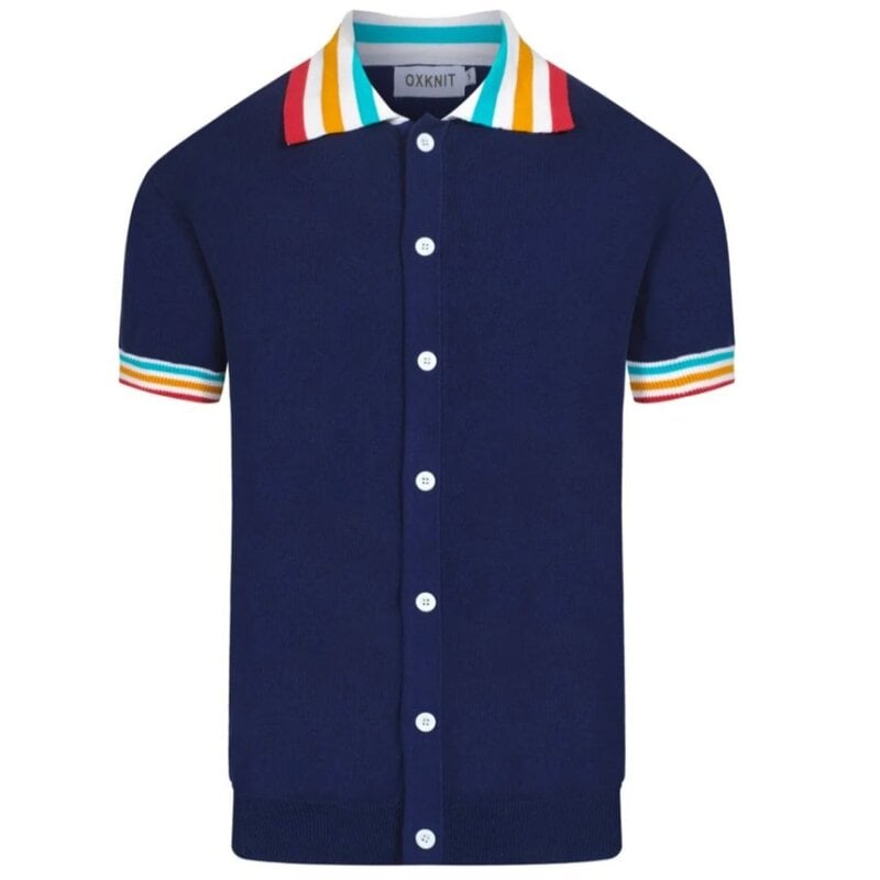 OxKnit FL25 Knit Polo Shirt With Rainbow Trim 60s Mod Button Up