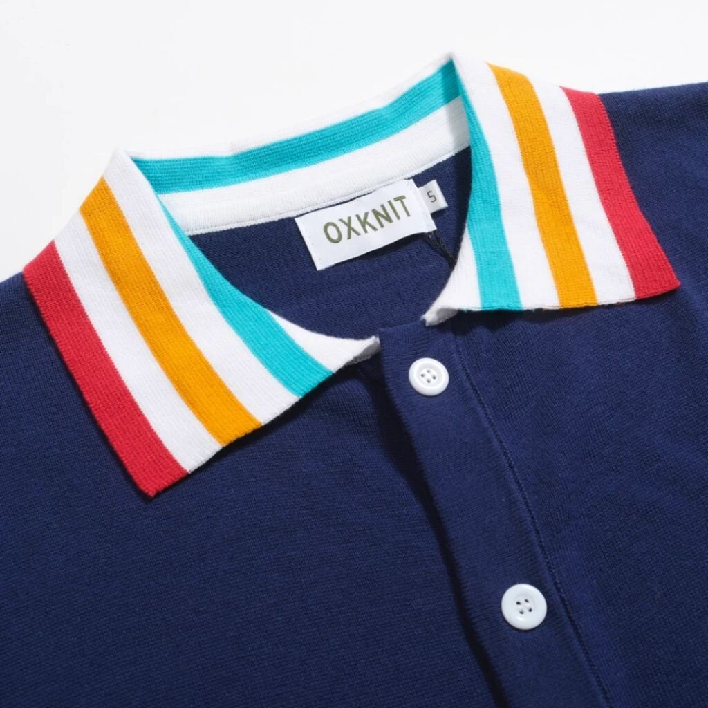 OxKnit FL25 Knit Polo Shirt With Rainbow Trim 60s Mod Button Up