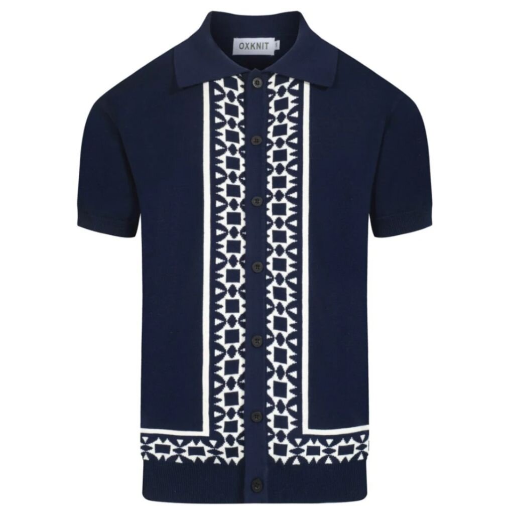 OxKnit FL25 60s  InspiredEmbroidered Knit Polo Button Up