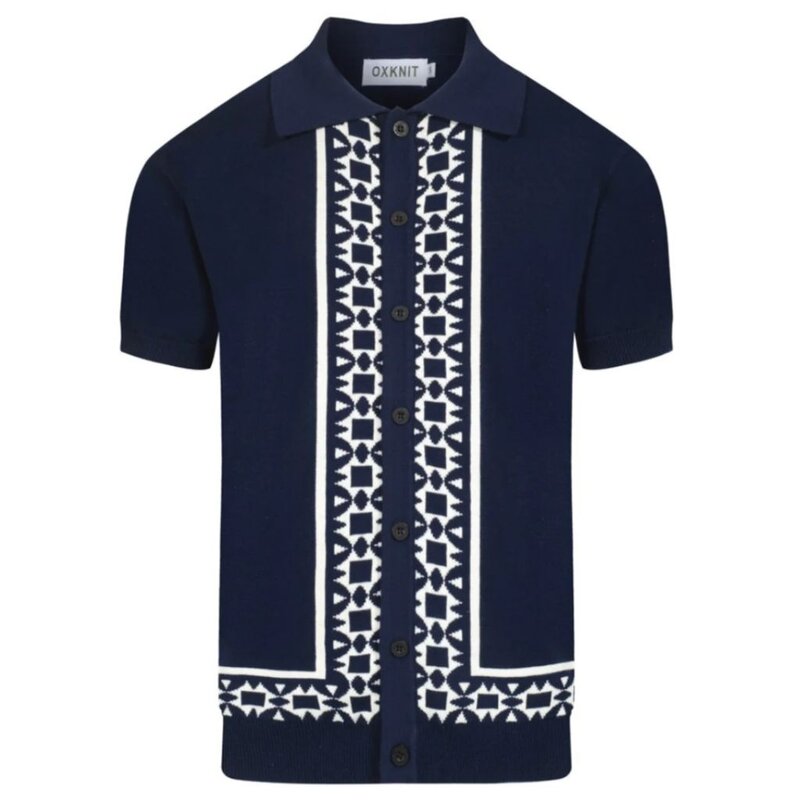 OxKnit FL25 60s  InspiredEmbroidered Knit Polo Button Up