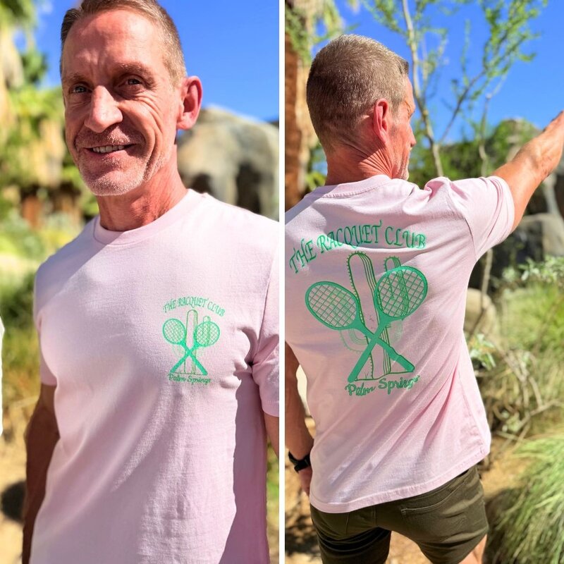 Peepa's Racquet Club Pastel Green Logo On Pink Graphic Tee