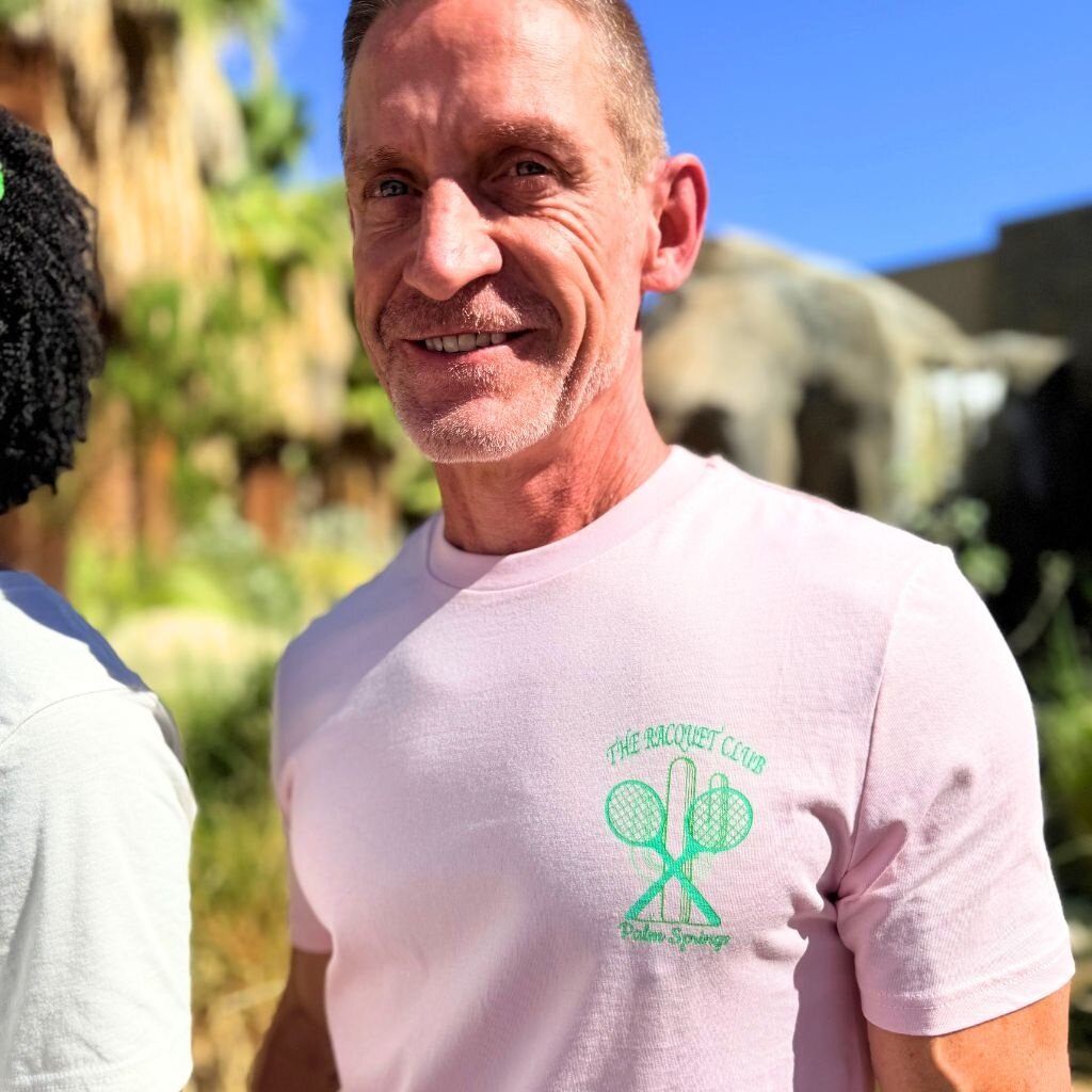 Peepa's Racquet Club Pastel Green Logo On Pink Graphic Tee