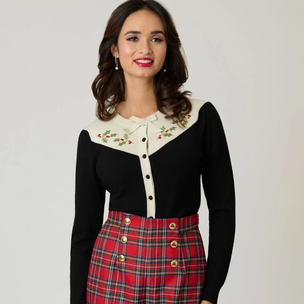 Unique Vintage & Smak Parlour Black & Ivory Holly Embroidered Cardigan