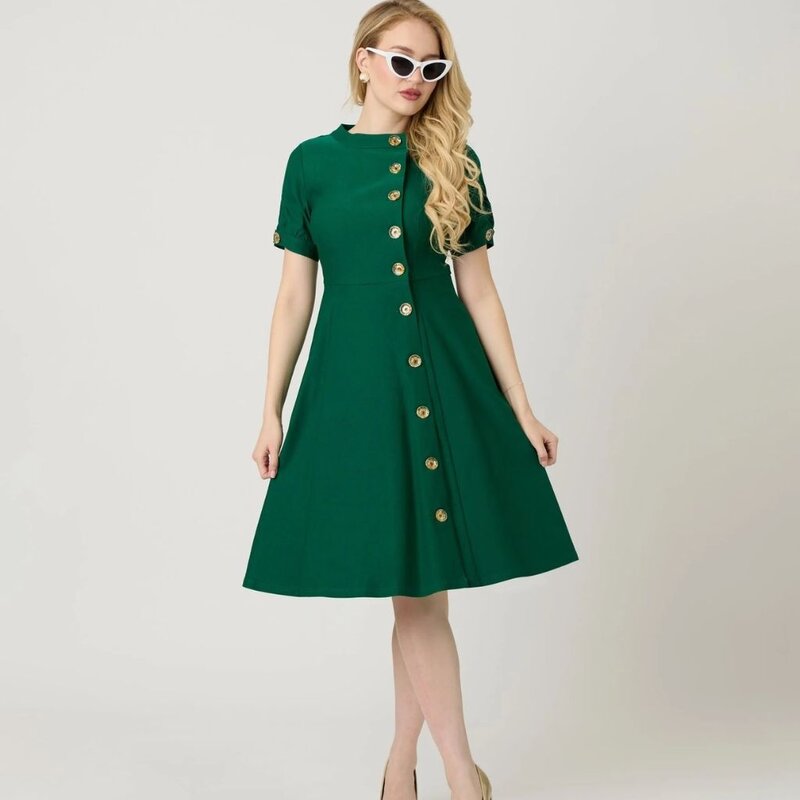 Unique Vintage & Smak Parlour Green Button Swing Dress